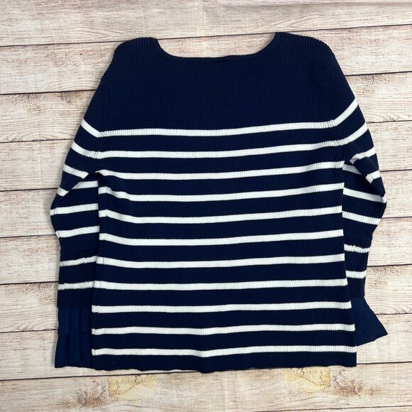 Allie & Rob Navy White Striped Sweater XL Ruffle Hem Long Sleeve Ribbed Knit Top - Picture 2 of 11